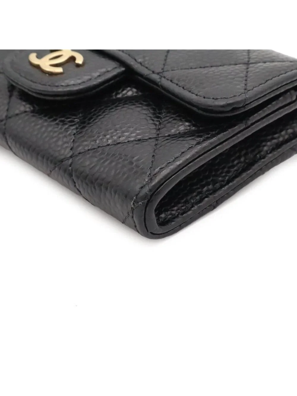 Chanel Quilted Classic Flap Card Case CC Logo Business Caviar Leather Black Gold